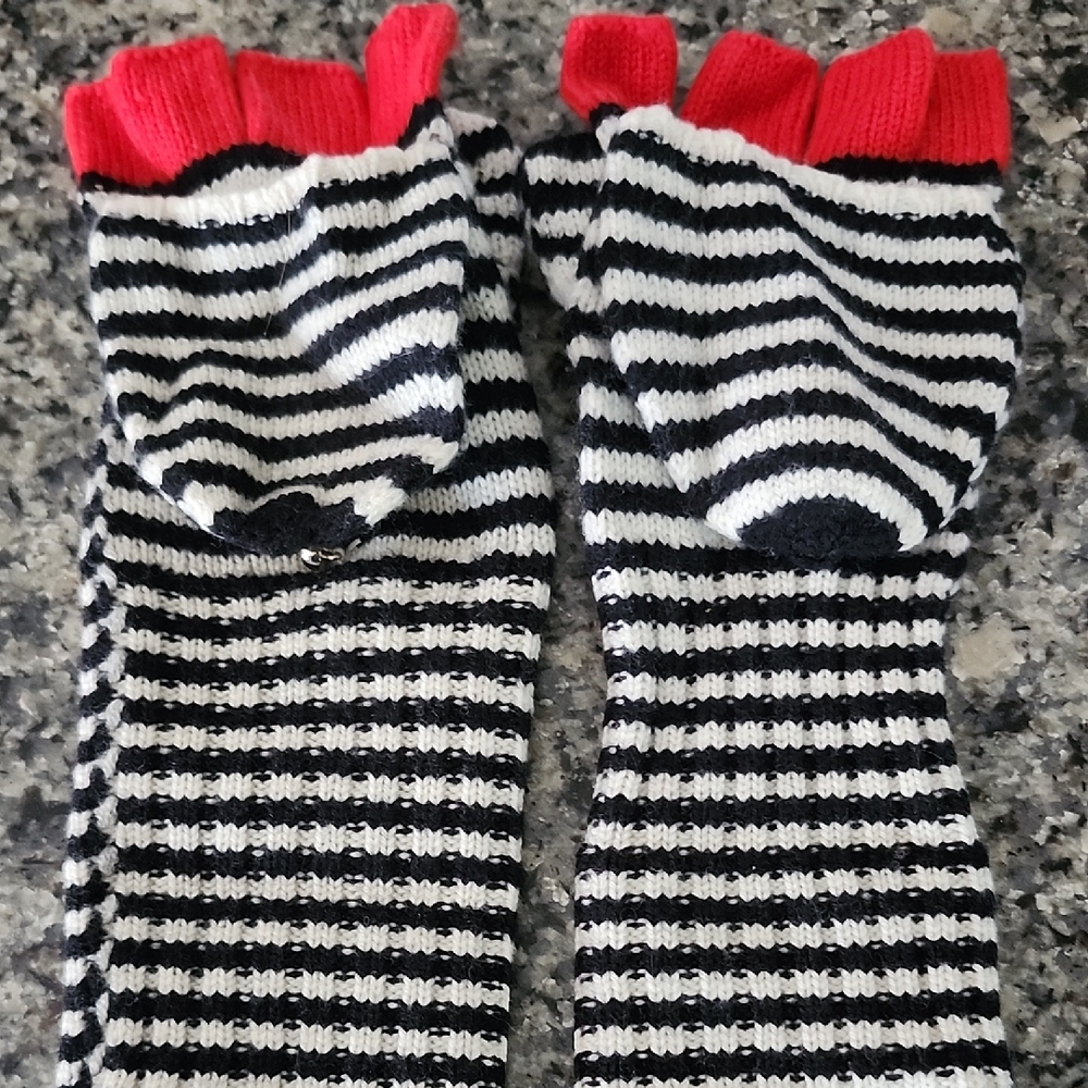 Kate Spade Black and White Wool Mittens With Red Finger Slots